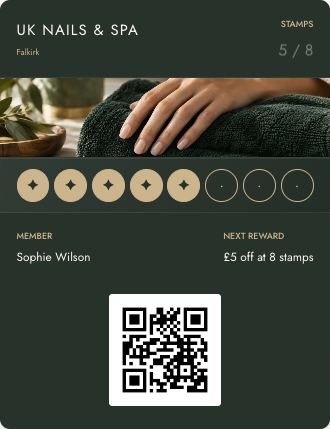 UK Nails & Spa example loyalty card showing five of eight stamps and a £5 reward at eight stamps.