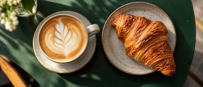 Flat white with latte art and a freshly baked croissant