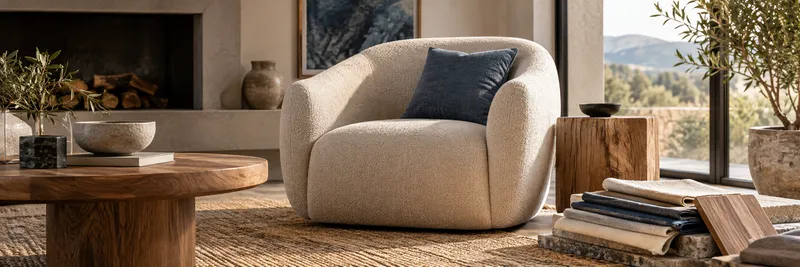 A refined living room with a sculptural armchair and warm natural materials