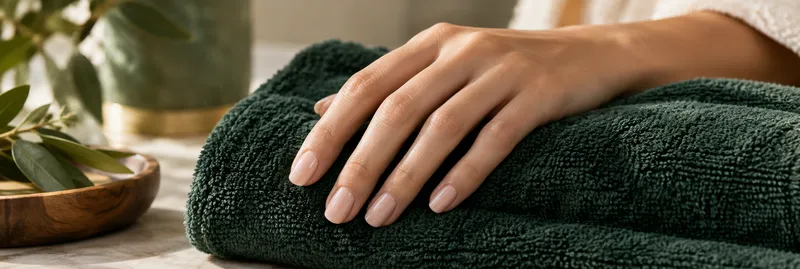 A fresh nude manicure resting on a deep green salon towel